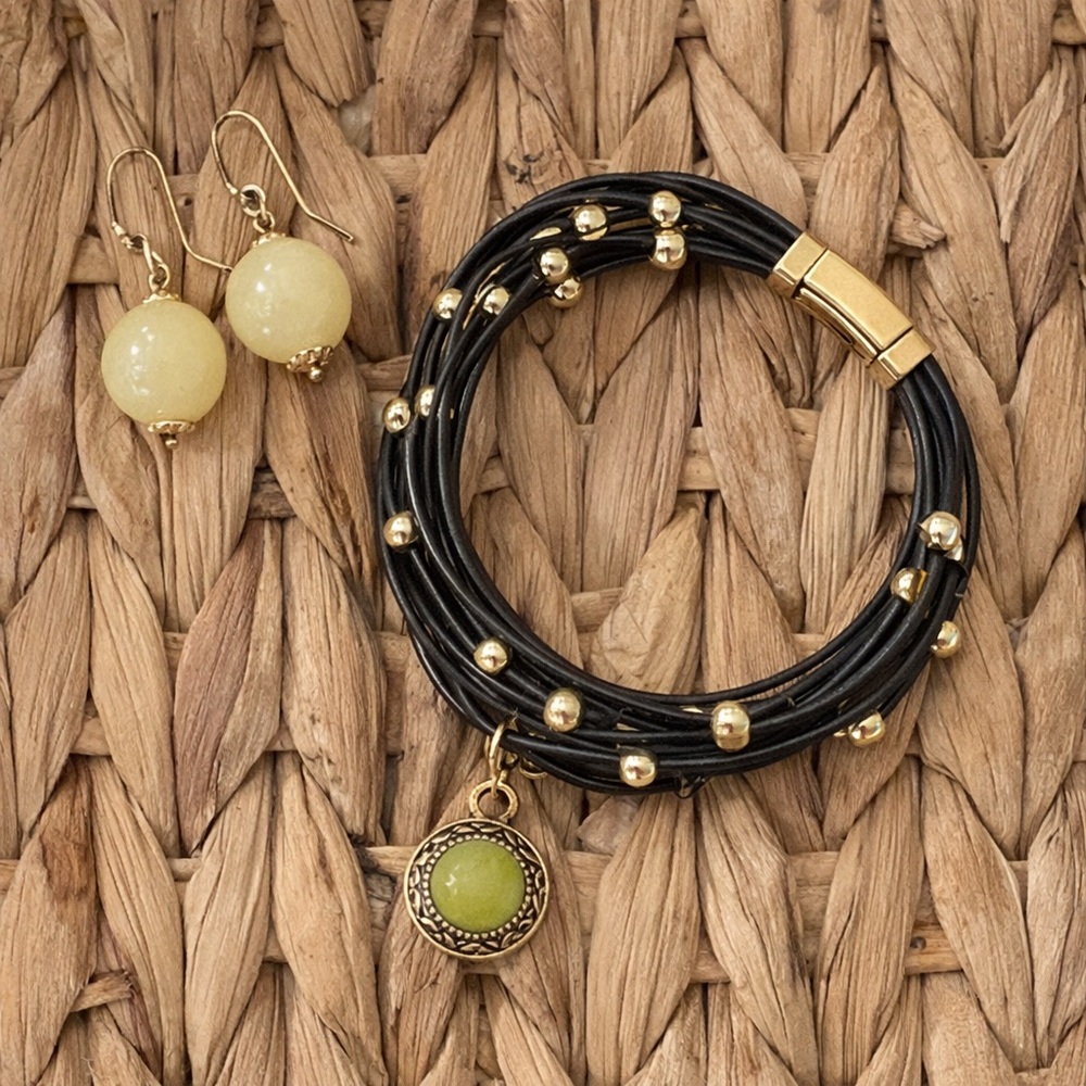 Black Multi-Strand Leather Bracelet w/ Green Charm + Yellow Stone Earrings Set